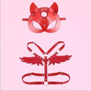 Red Leather Masquerade & Angel Wing Harness Set